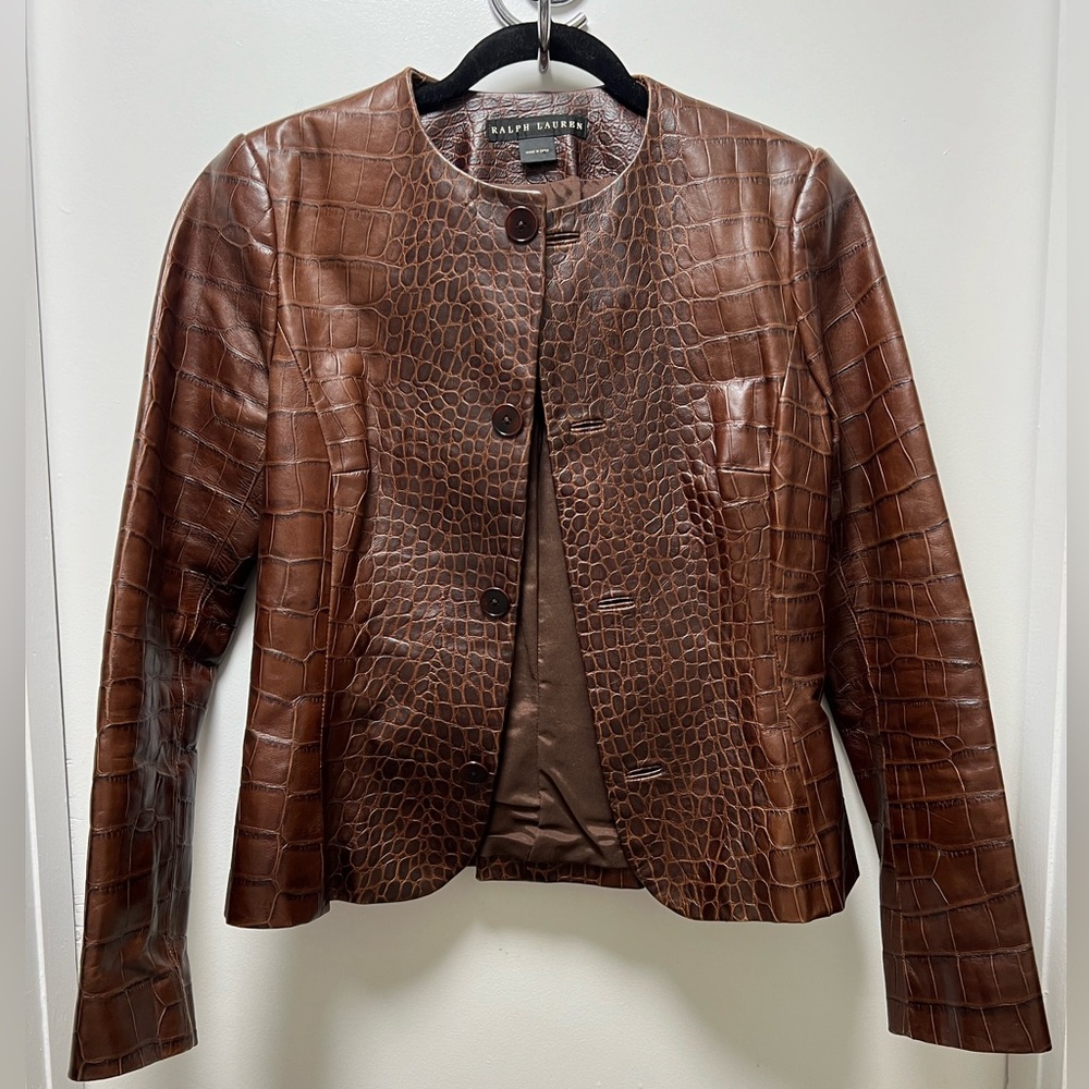 Ralph Lauren Black Label Croc-Inspired Collarless Leather Jacket